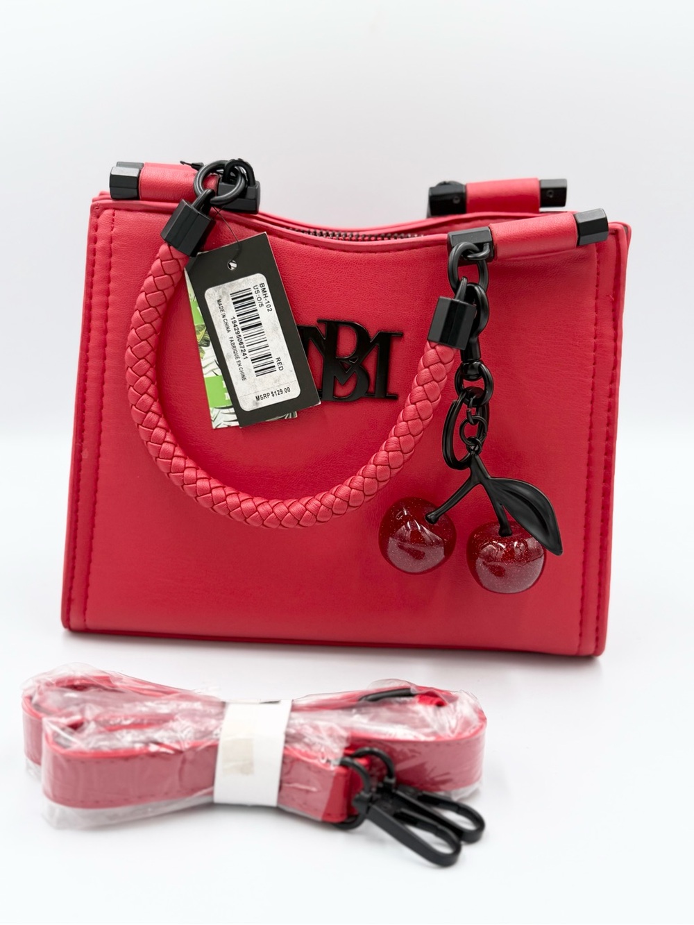 Badgley Mischka Red Satchel with Cherry Charm - Picture 5 of 9